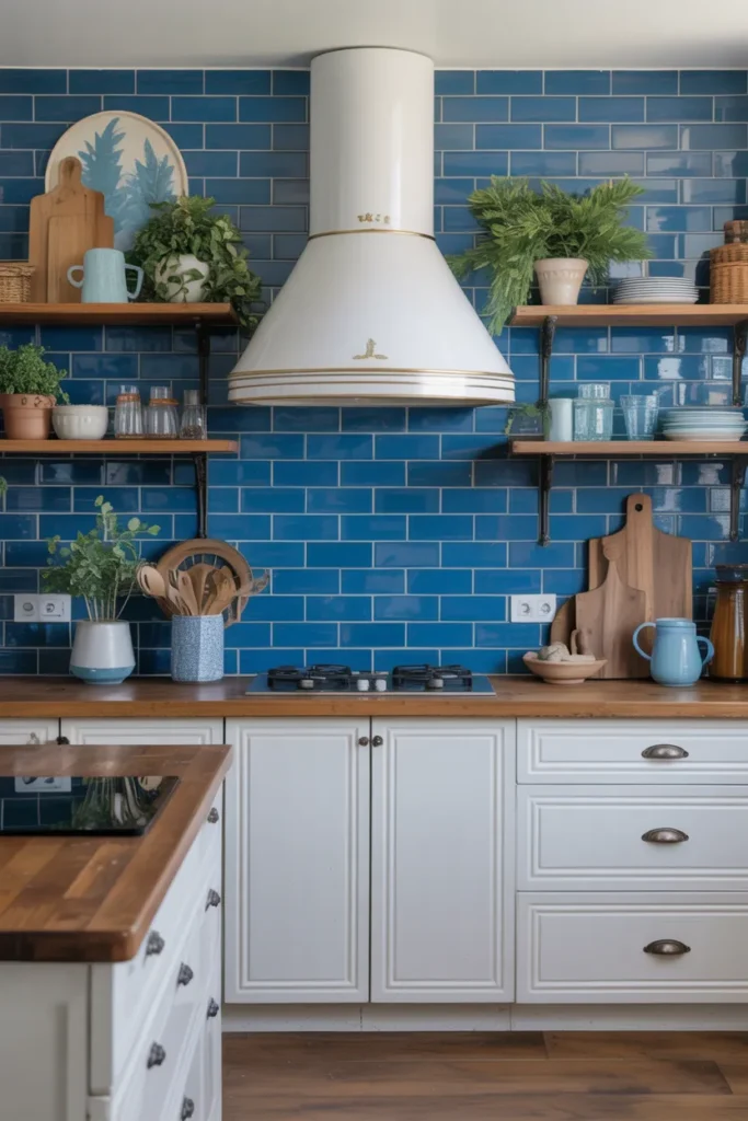 Blue Backsplash Paired with Open Shelving