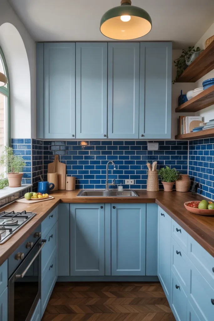 Blue Backsplash in a Small Kitchen Space