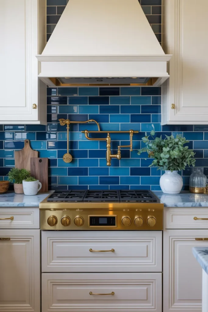 Blue Backsplash with Gold Hardware Accents