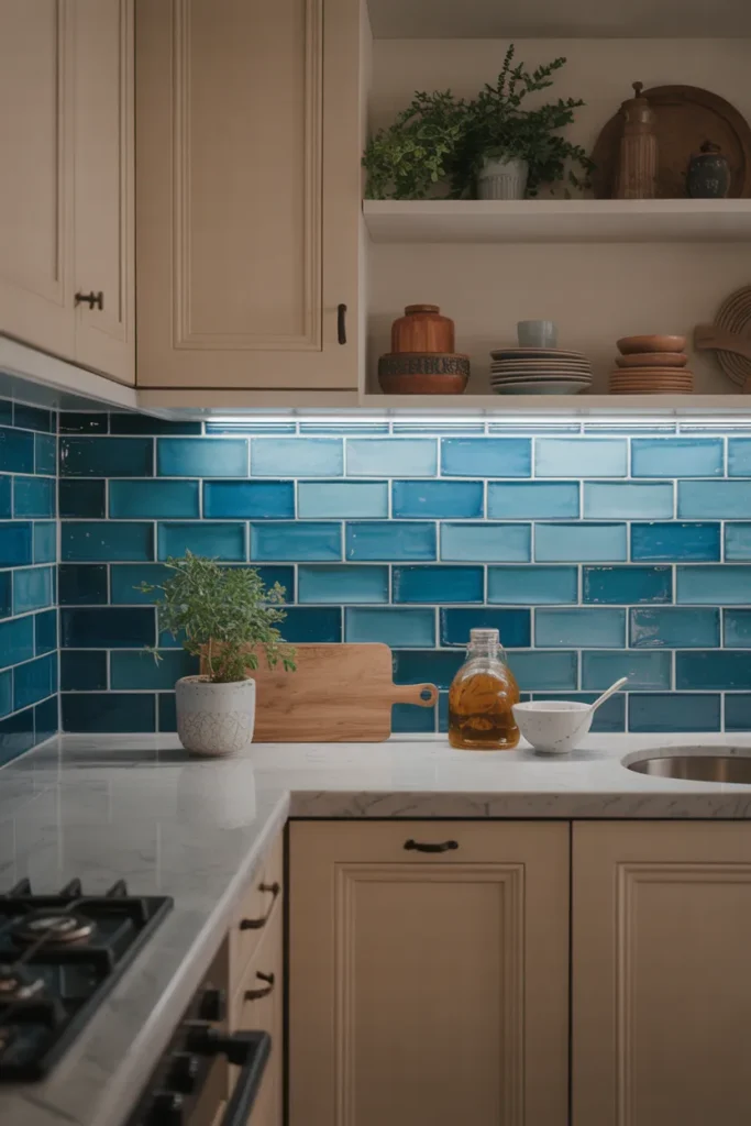 Blue Backsplash with Soft Under-Cabinet Lighting