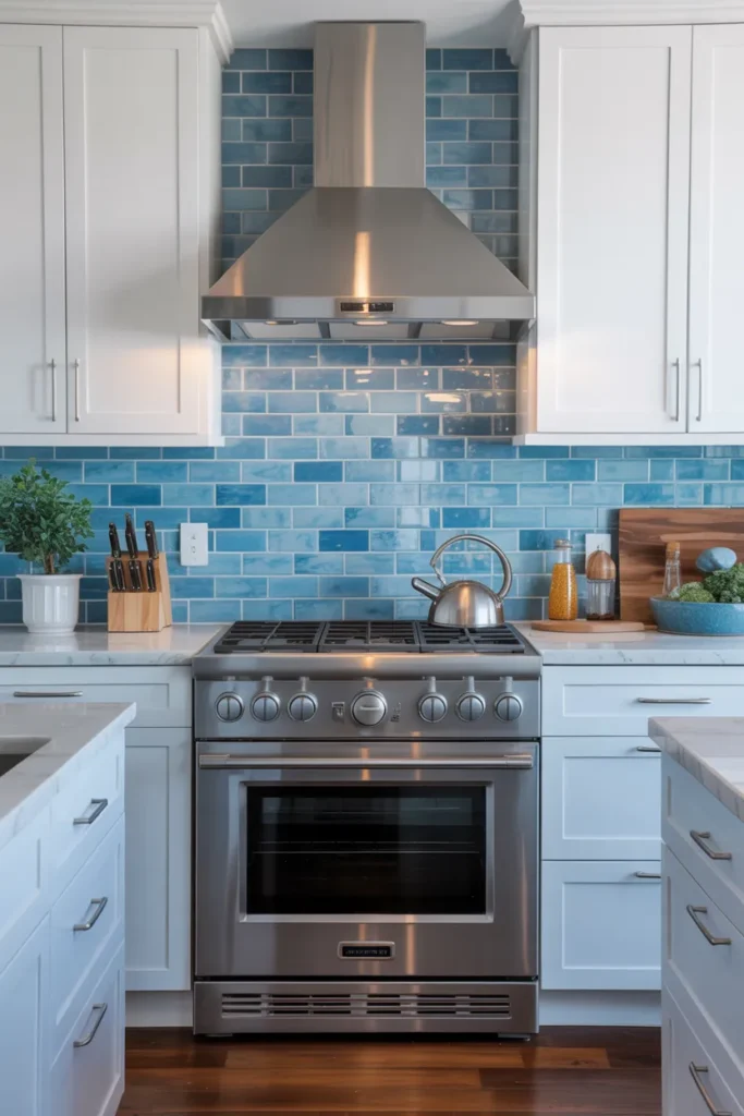 Blue Backsplash with Stainless Steel Appliances