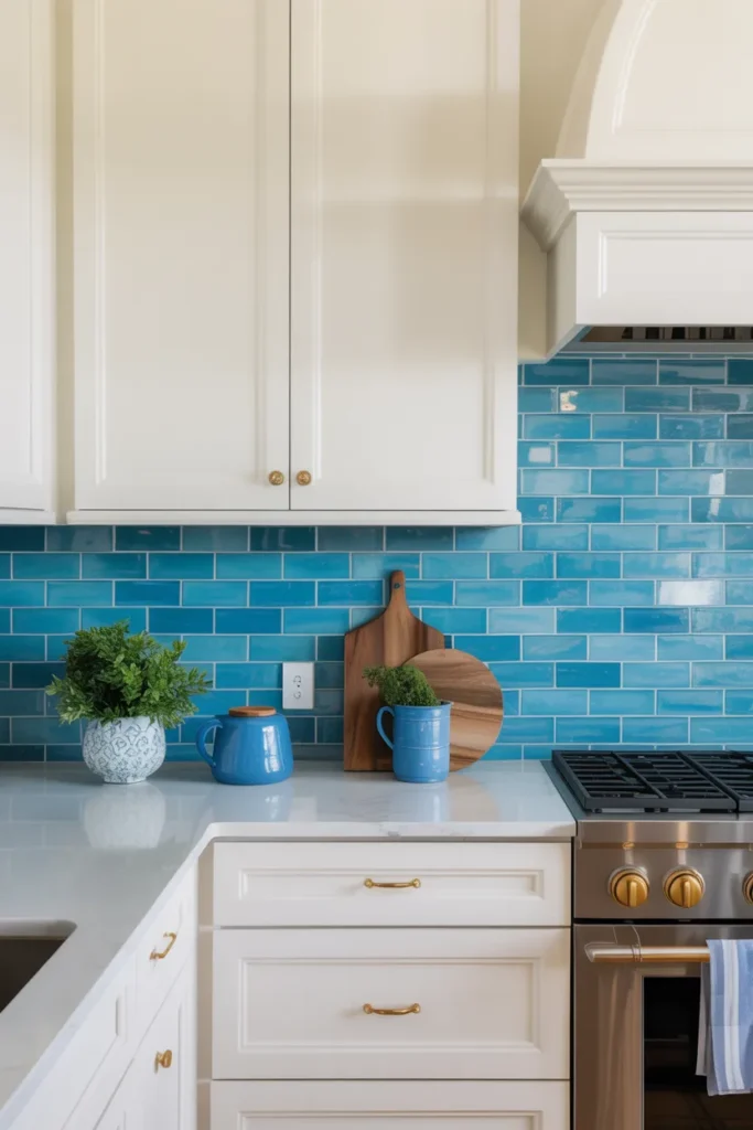 Blue Backsplash with White Quartz Countertops