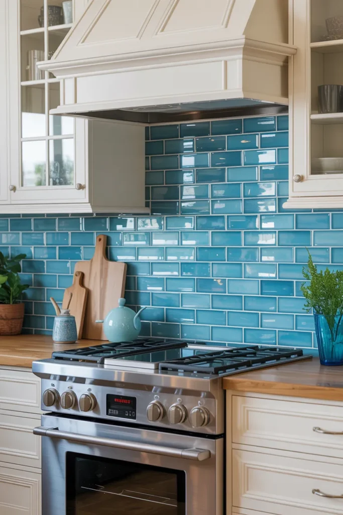 Blue Glass Tile Backsplash for a Bright Finish