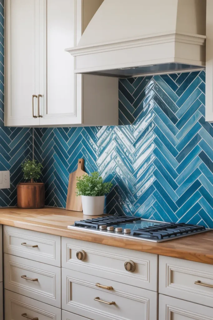 Blue Herringbone Tile Backsplash with Texture