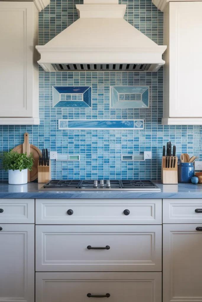 Blue Mosaic Tile Backsplash with Artistic Texture