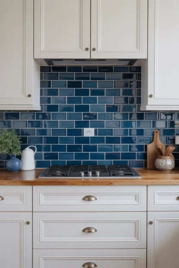 Classic Navy Blue Tile Backsplash with White Cabinets