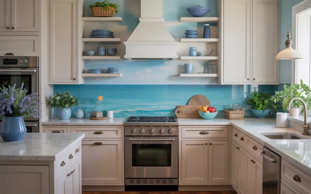 Coastal-Inspired Blue Backsplash with Light Neutrals