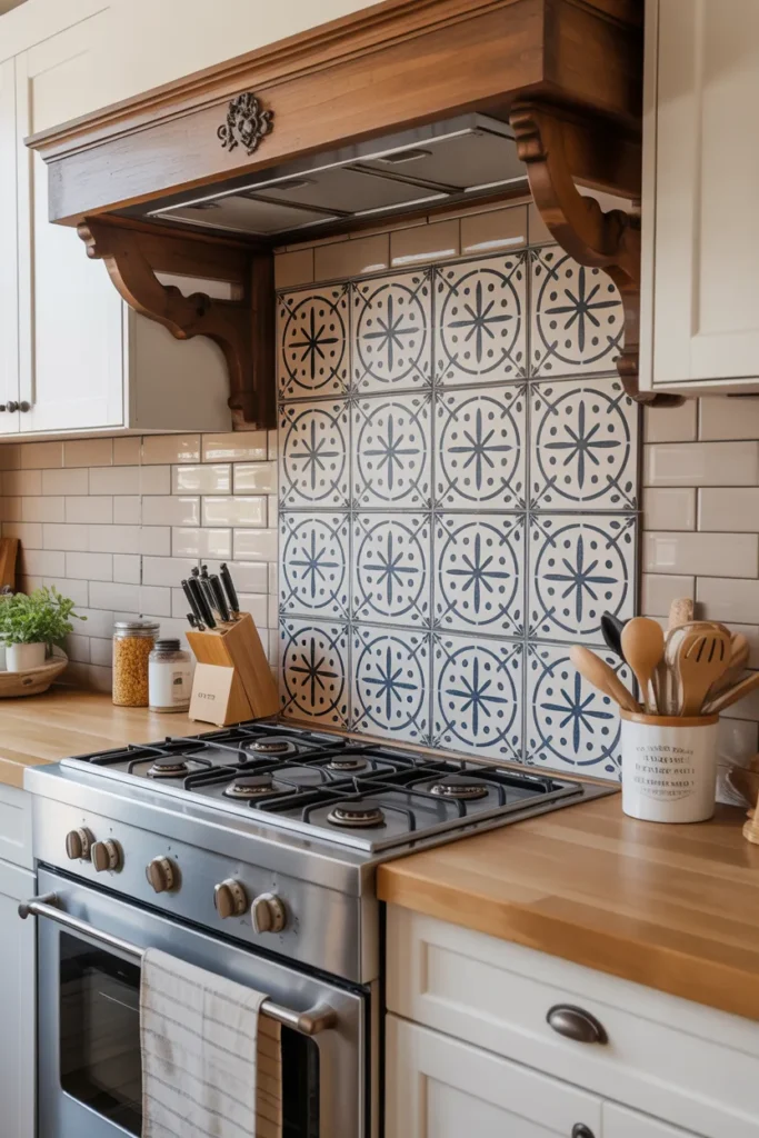 Farmhouse Pattern Tile Behind the Stove