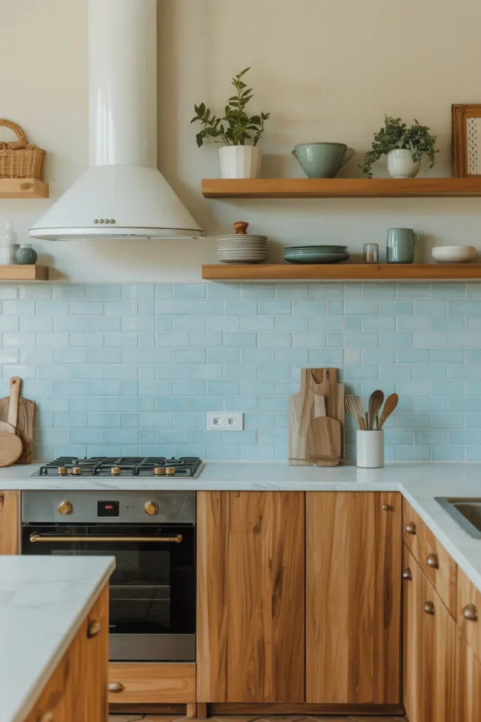 Light Blue Backsplash with Natural Wood Accents