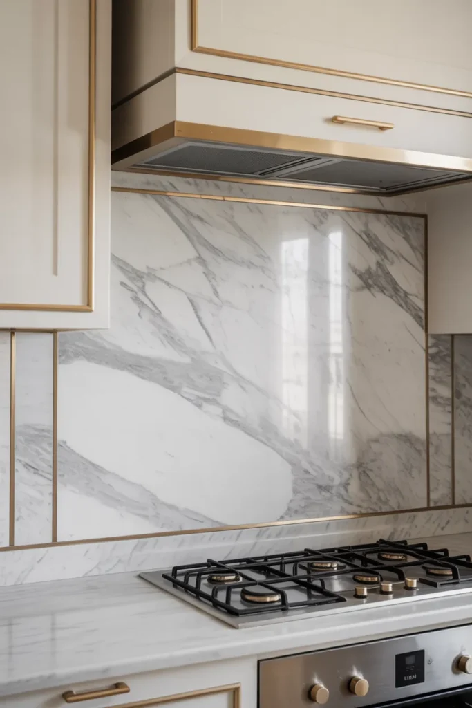 Marble Backsplash with Brass Trim Details