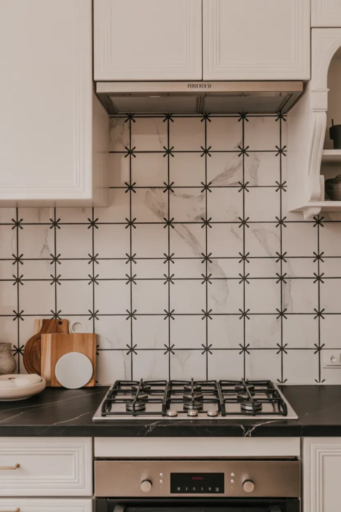 Marble Backsplash with Contrasting Dark Grout