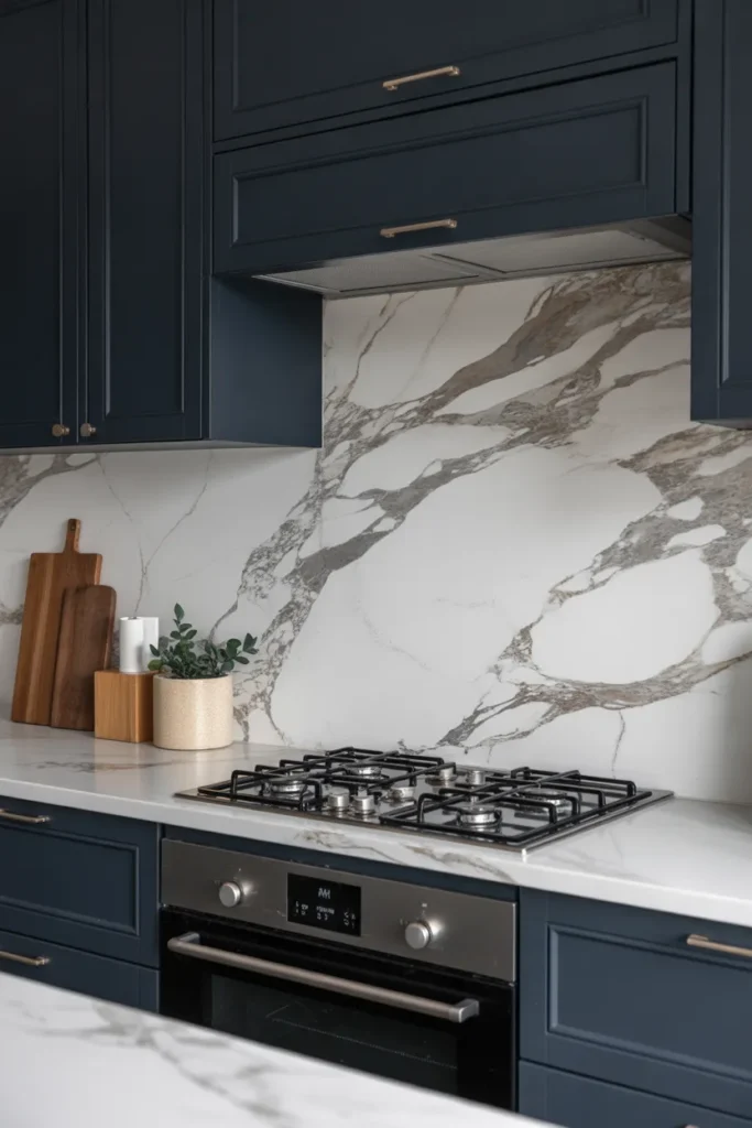 Marble Backsplash with Dark Cabinets for Contrast