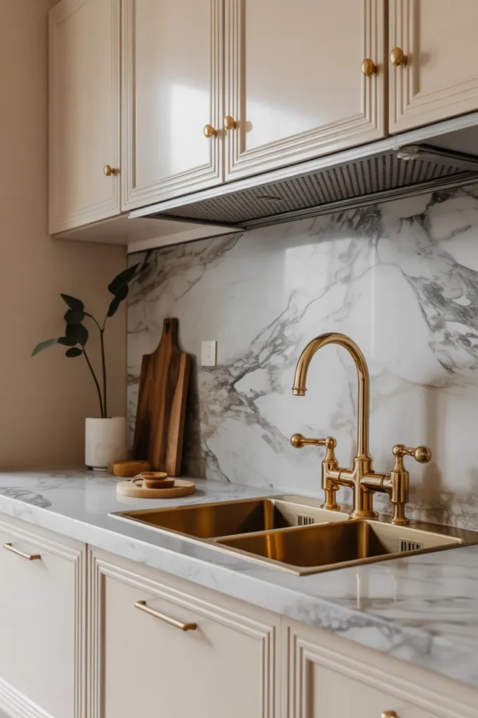 Marble Backsplash with Gold Hardware Accents