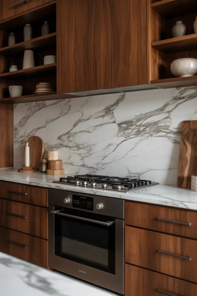 Marble Backsplash with Warm Wood Cabinets
