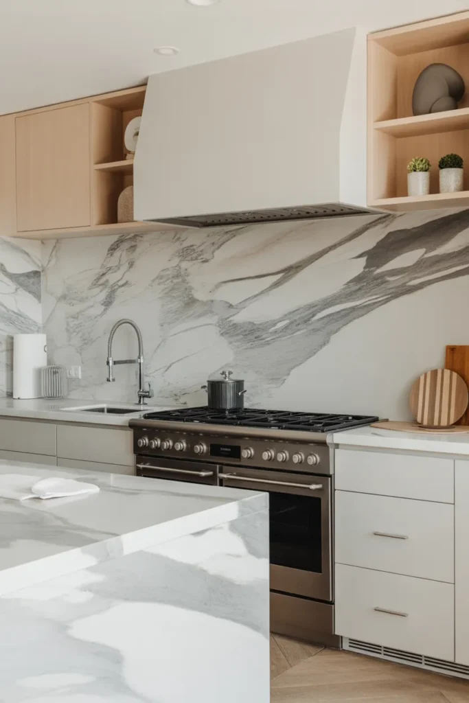 Marble Backsplash with Waterfall Counter Continuation