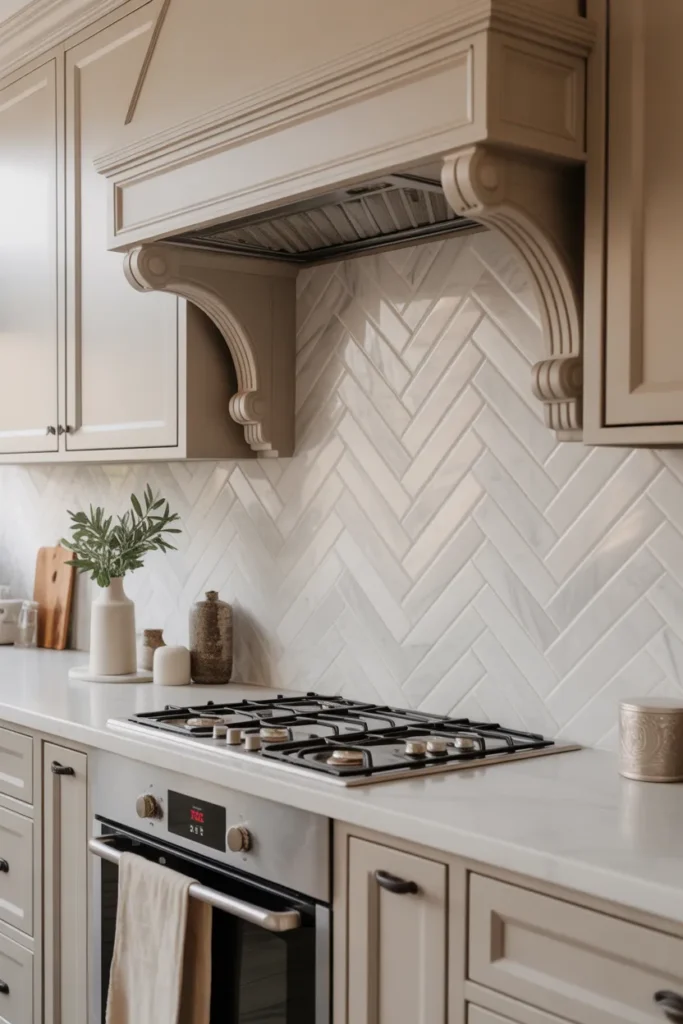 Marble Herringbone Backsplash with Matte Finish