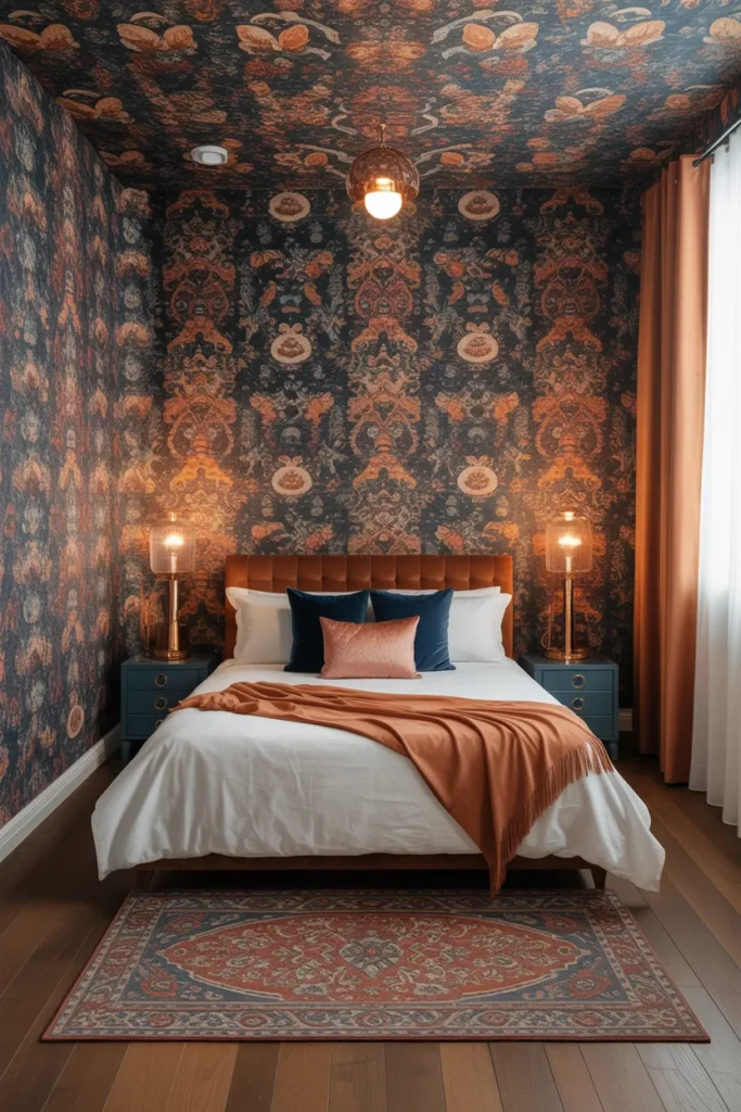 Maximalist Wallpaper in a Tiny Bedroom