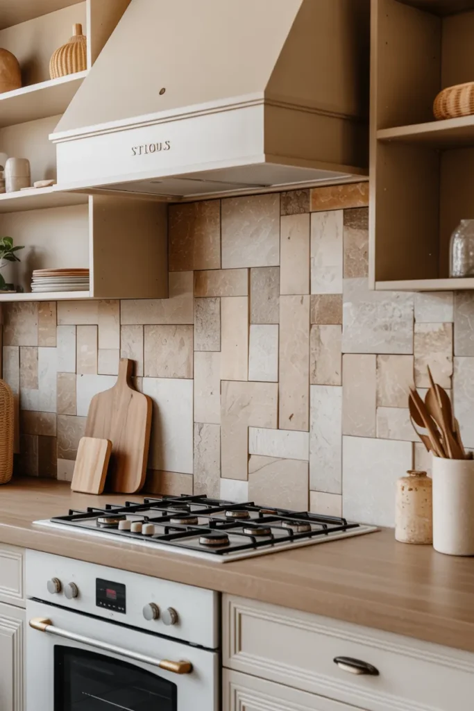 Natural Stone Backsplash in Soft Neutral Tones