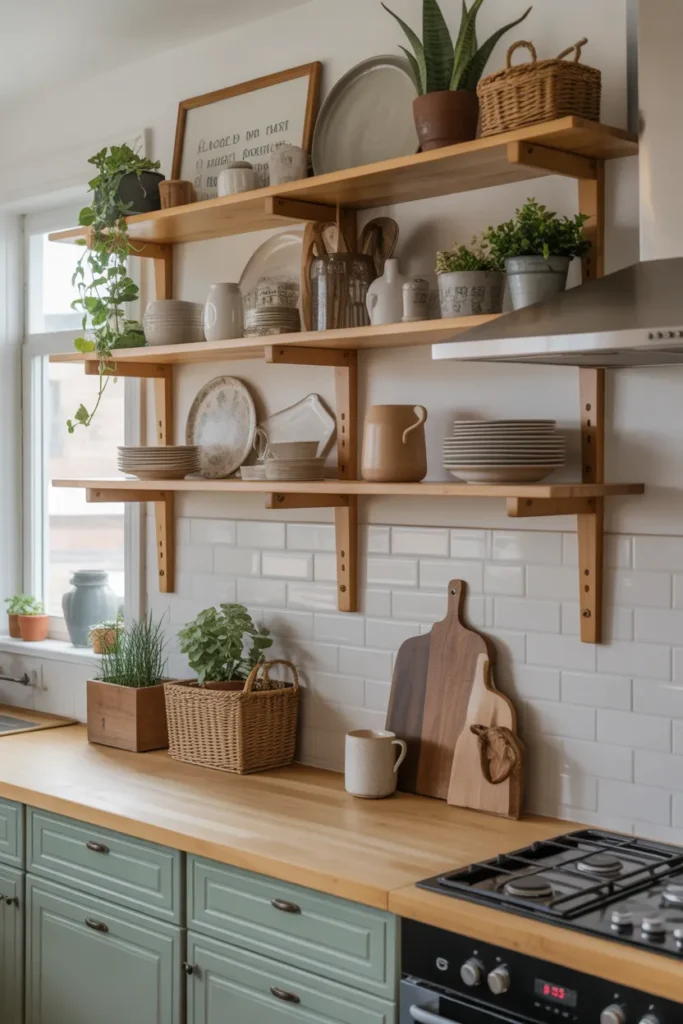 Open Shelf Backsplash with Decorative Farmhouse Touches