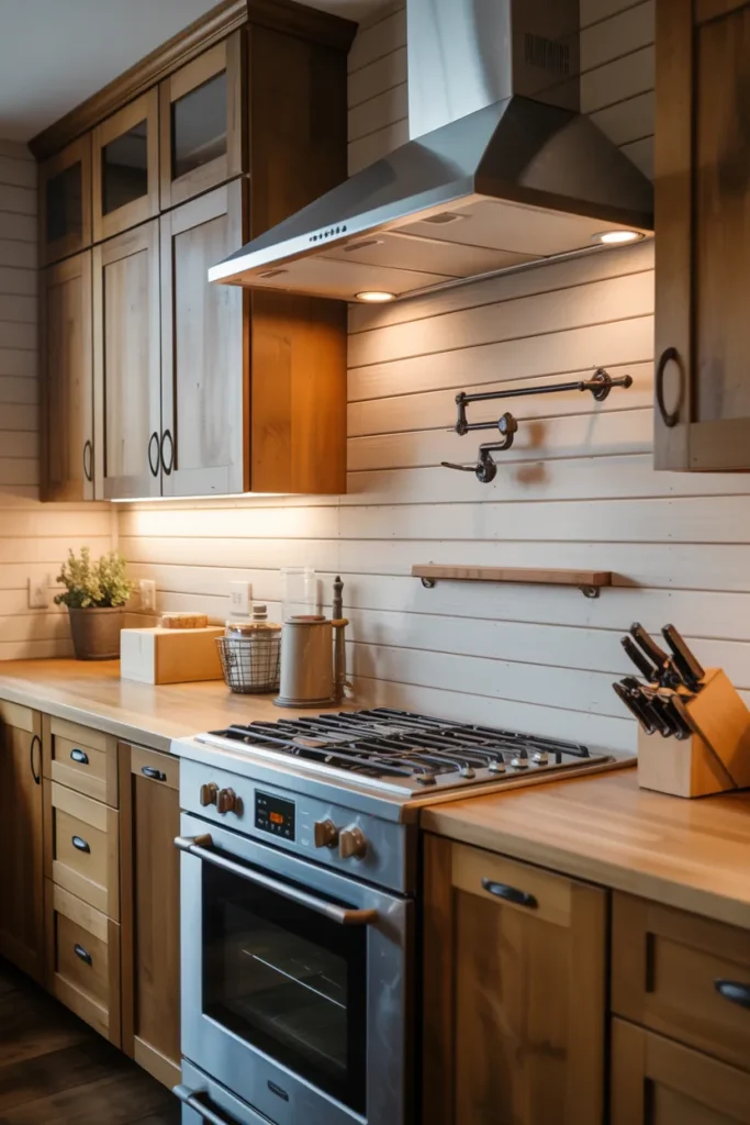 Rustic Shiplap Backsplash with Natural Wood Cabinets