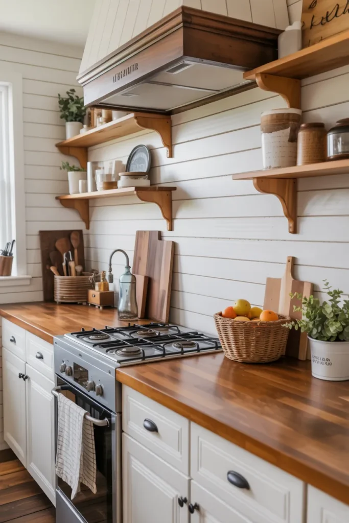 Shiplap Backsplash with Butcher Block Countertops