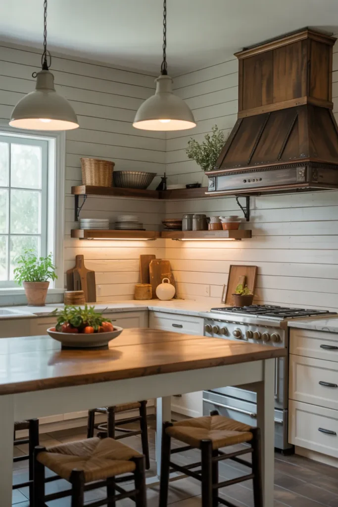 Shiplap Backsplash with Cozy Farmhouse Lighting