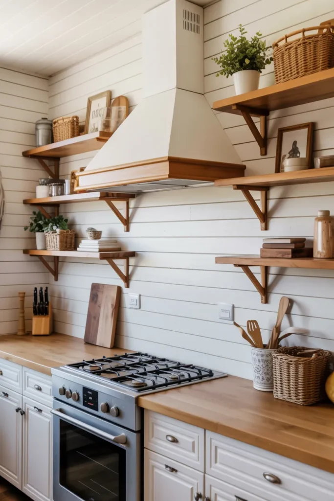 Shiplap Backsplash with Floating Wooden Shelves