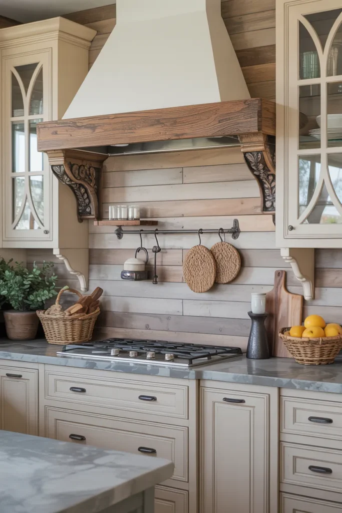 Shiplap Backsplash with Neutral Stone Countertops