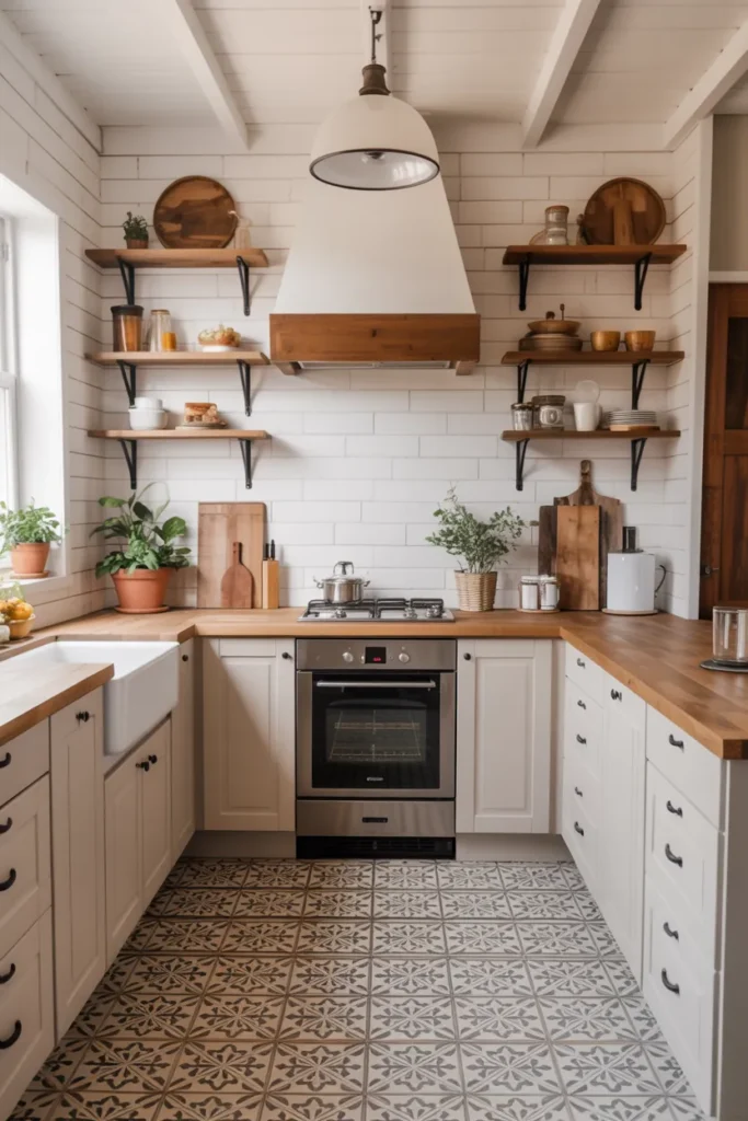 Shiplap Backsplash with Patterned Floor Tiles