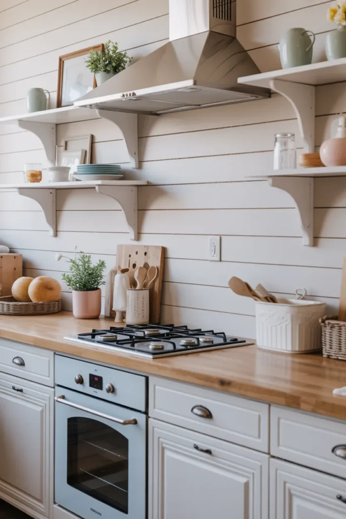 Shiplap Backsplash with Soft Pastel Accents