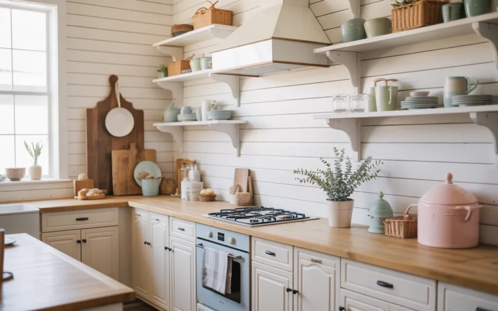 Shiplap Backsplash with Soft Pastel Accents,