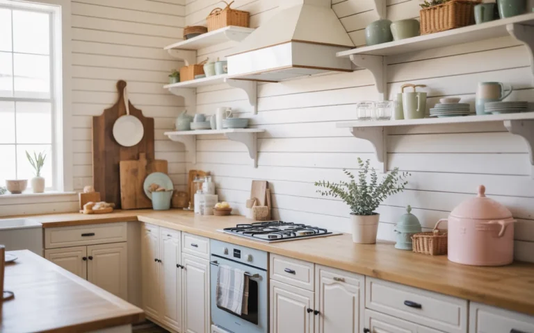 Shiplap Backsplash with Soft Pastel Accents,