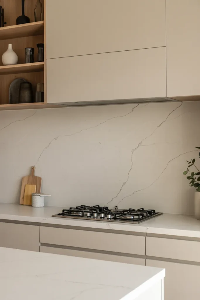 Subtle Veined Quartz Backsplash for Clean Elegance