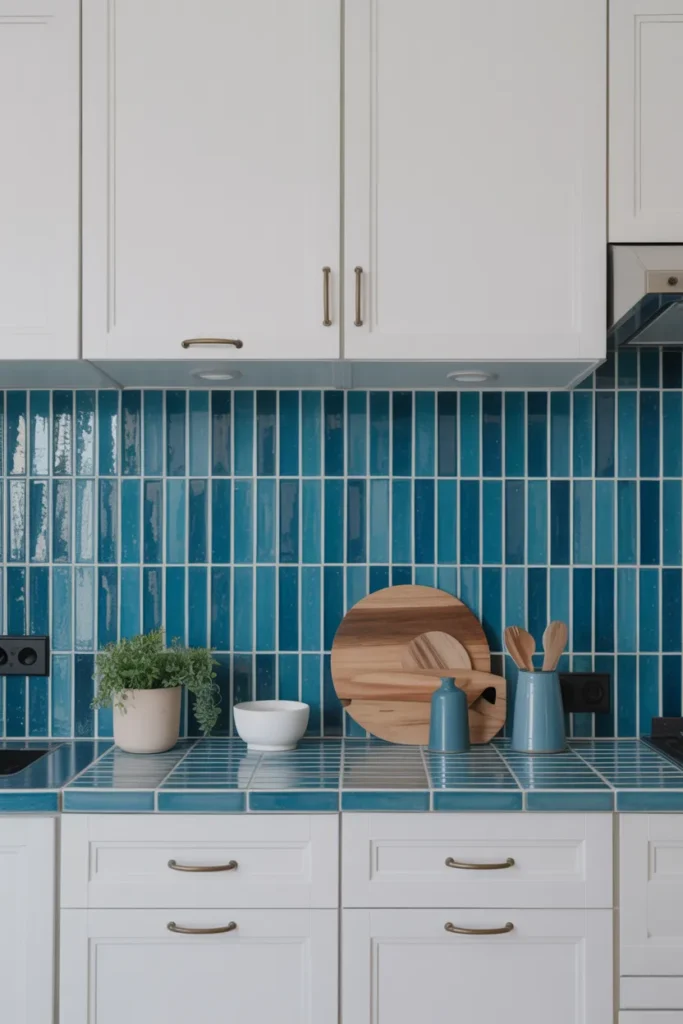 Vertical Blue Tile Backsplash for a Modern Look