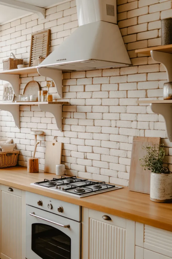 Whitewashed Brick Backsplash for Soft Farmhouse Style