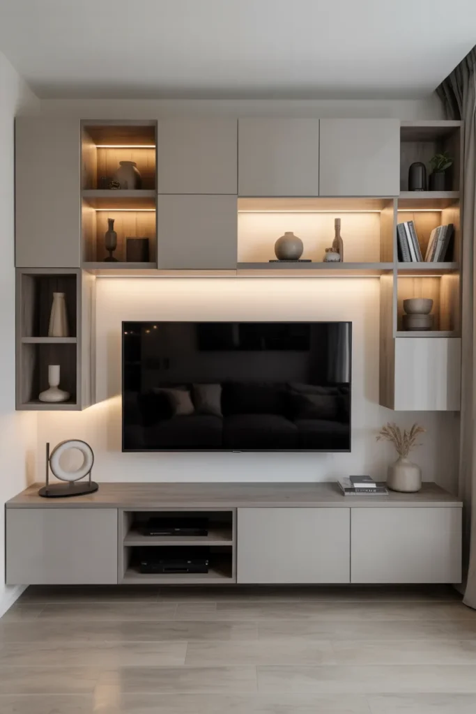 Asymmetrical TV Wall With Floating Units