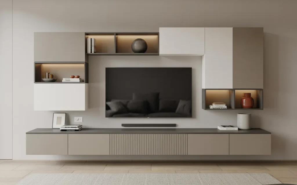 Asymmetrical TV Wall With Floating Units