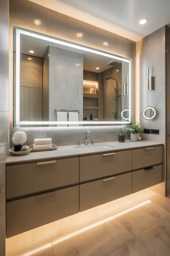 Backlit Mirror with Vanity Storage