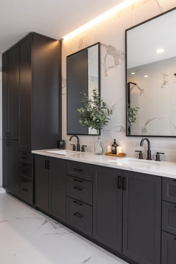 Black Bathroom Cabinets with Marble Countertops