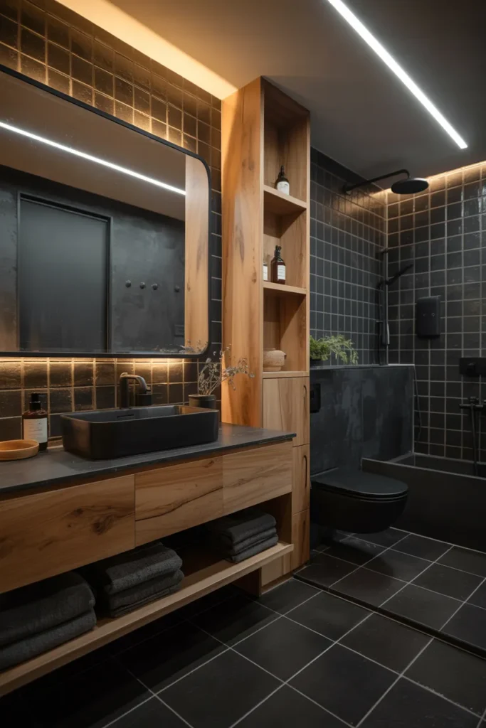 Black Bathroom with Natural Wood Accents