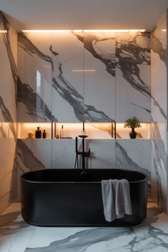 Black Bathtub with Marble Surround