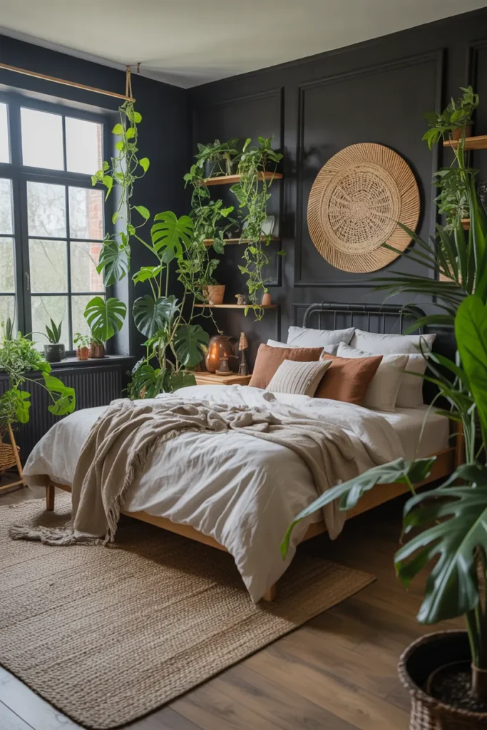 Black Boho Bedroom with Natural Greenery