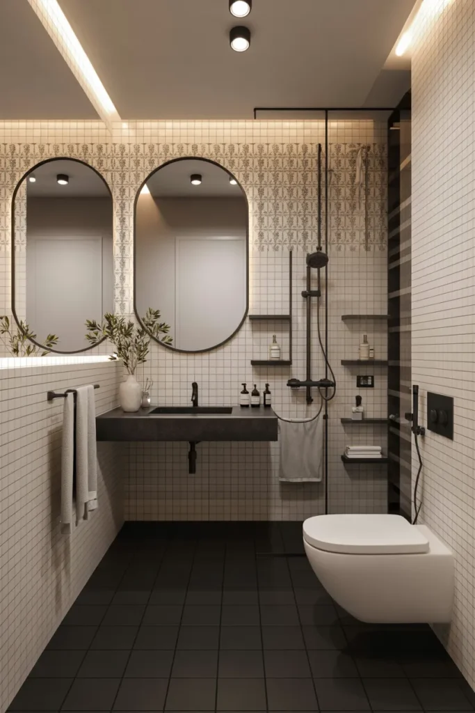 Black Floor Tiles with Patterned Walls