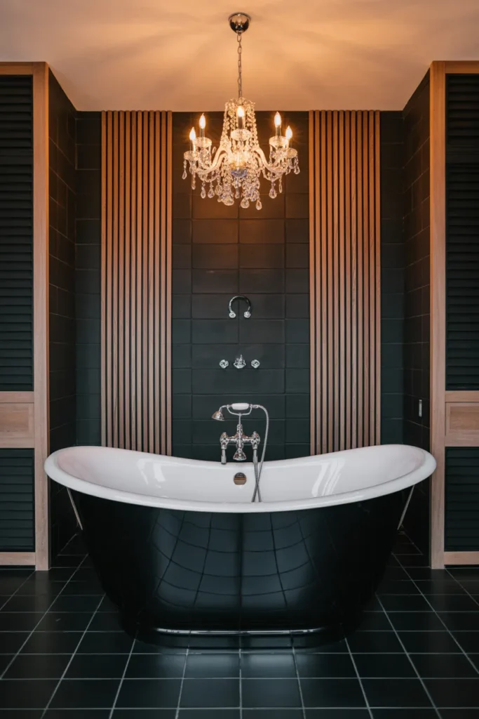 Black Freestanding Tub with Statement Lighting