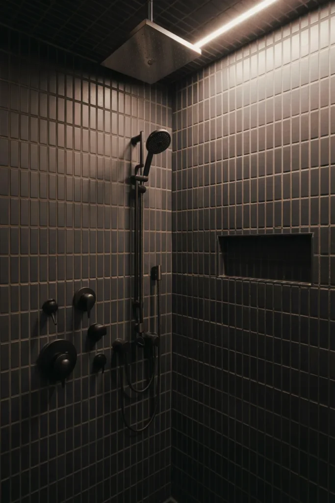 Black Shower Tiles with Metallic Grout
