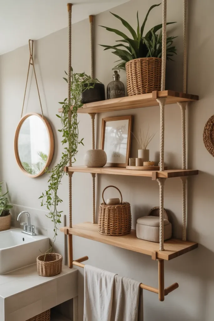 Boho Bathroom with Hanging Wooden Shelves