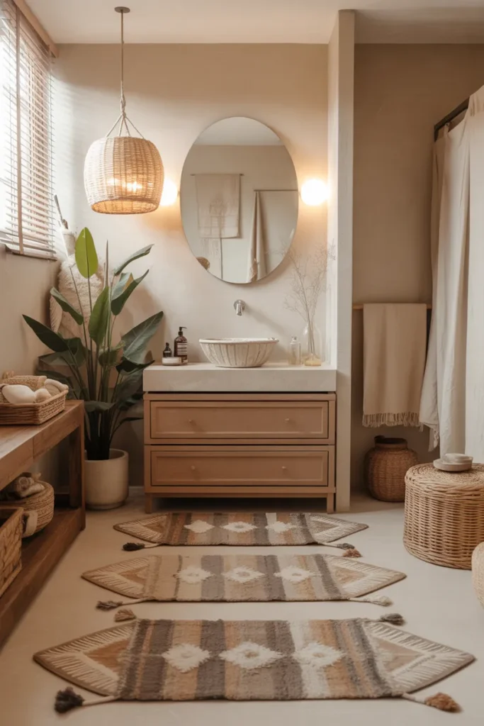 Boho Bathroom with Layered Rugs
