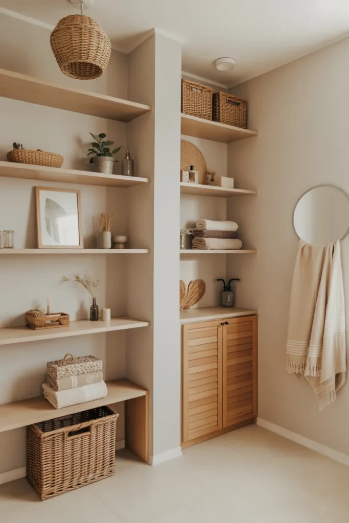 Boho Bathroom with Open Shelving