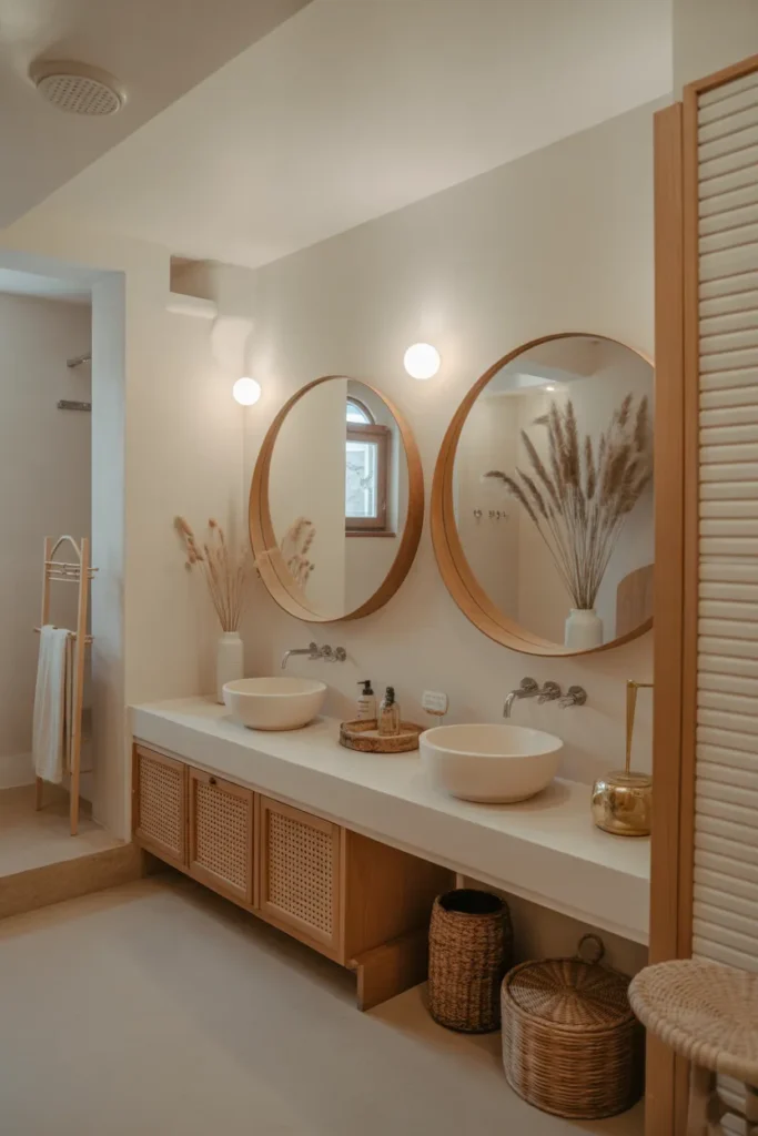 Boho Bathroom with Round Mirrors