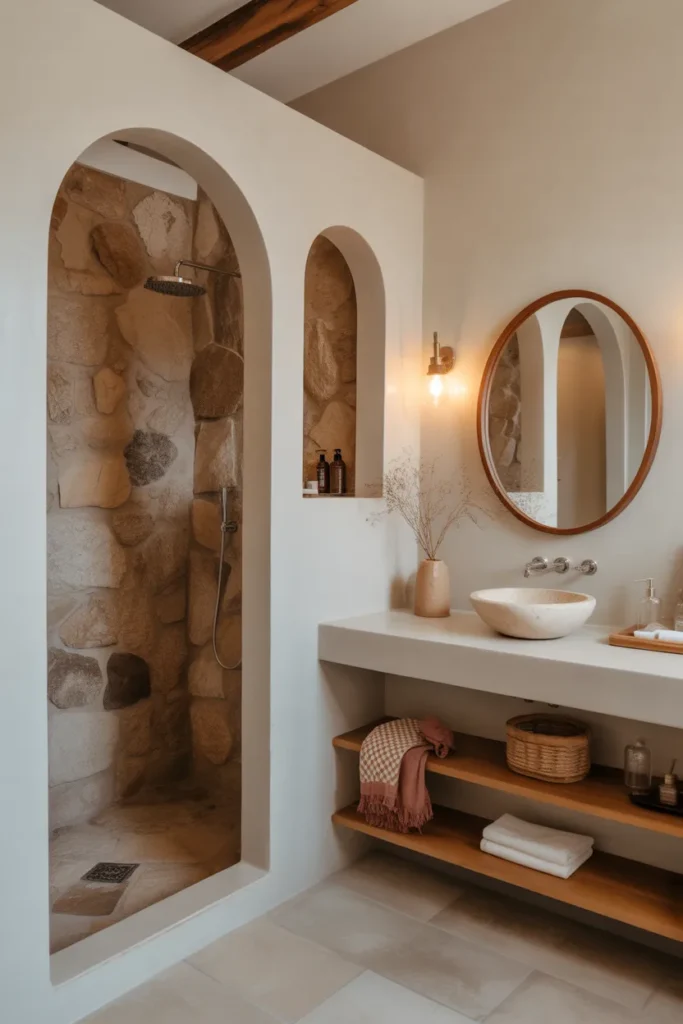 Boho Bathroom with Stone Shower Walls